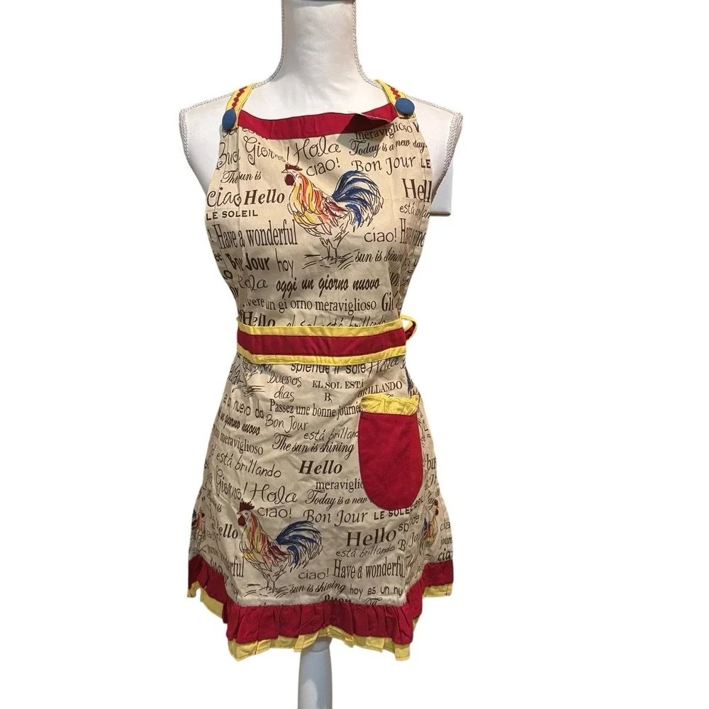 Pier 1 Imports Rooster Ruffle Hostess Apron 100% Cotton‎ Ivory NWT